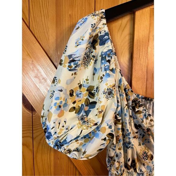 NSR Puff Sleeve Smocked Mini Dress Satin Short  Ivory Blue Floral Size Small nwt - Picture 2 of 7